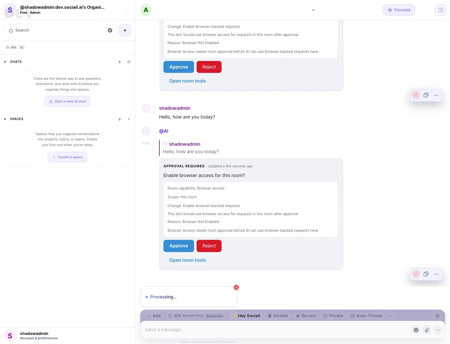 Hey Sociail live proof showing a normal AI response cycle